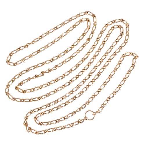 Antique 18ct gold curblink long chain necklace, c.1890, in rose colour gold alternating longer and shorter links,